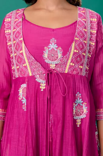 Fuschia embroidered mul chanderi long gown set of 2