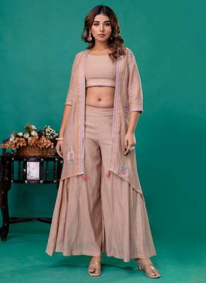Beige embroidered mul chanderi sharara set of 3 1