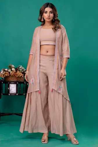 Beige embroidered mul chanderi sharara set of 3