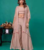 Beige embroidered mul chanderi sharara set of 3