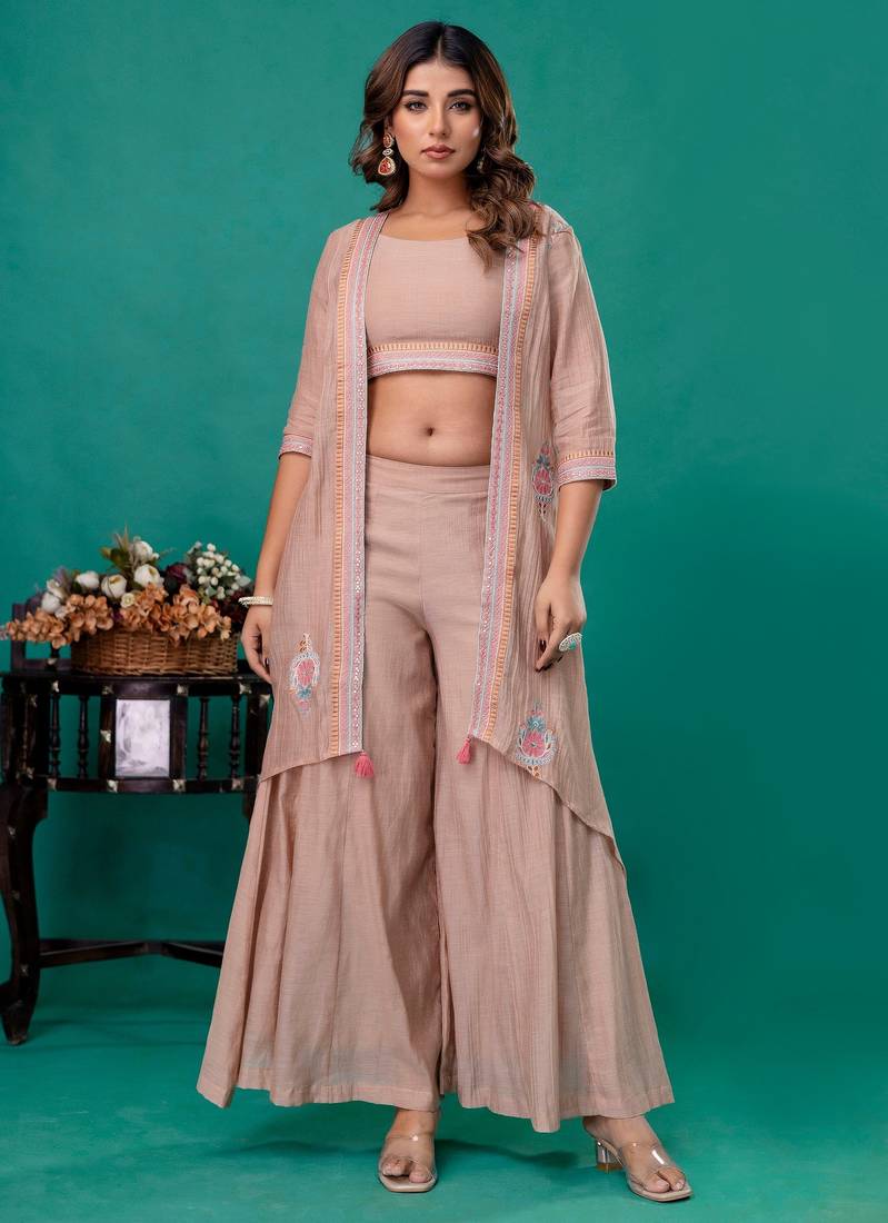 Beige embroidered mul chanderi sharara set of 3