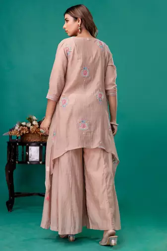 Beige embroidered mul chanderi sharara set of 3