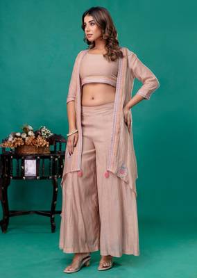 Beige embroidered mul chanderi sharara set of 3 3