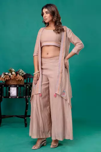Beige embroidered mul chanderi sharara set of 3