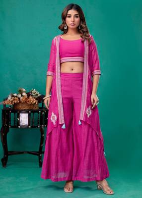 Fuschia embroidered mul chanderi sharara set of 3 1
