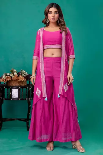 Fuschia embroidered mul chanderi sharara set of 3