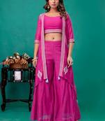 Fuschia embroidered mul chanderi sharara set of 3