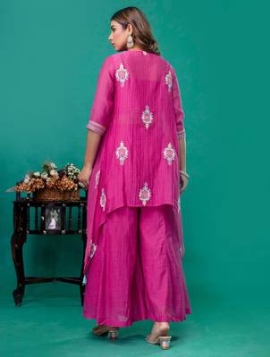 Fuschia embroidered mul chanderi sharara set of 3 2