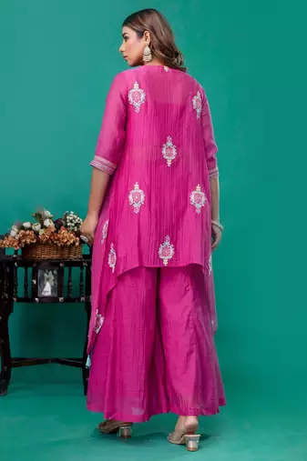 Fuschia embroidered mul chanderi sharara set of 3