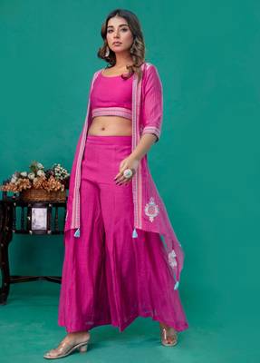 Fuschia embroidered mul chanderi sharara set of 3 3