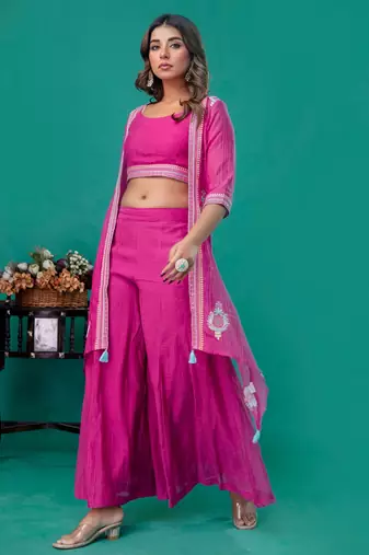Fuschia embroidered mul chanderi sharara set of 3