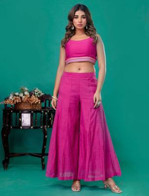 Fuschia embroidered mul chanderi sharara set of 3 5