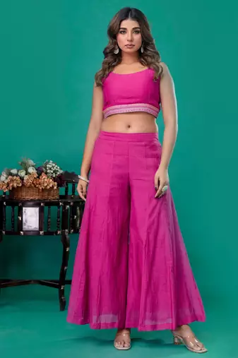 Fuschia embroidered mul chanderi sharara set of 3