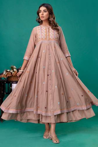 Beige embroidered mul chanderi dress set of 1