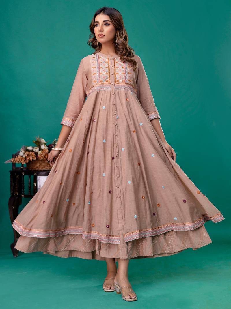 Beige embroidered mul chanderi dress set of 1