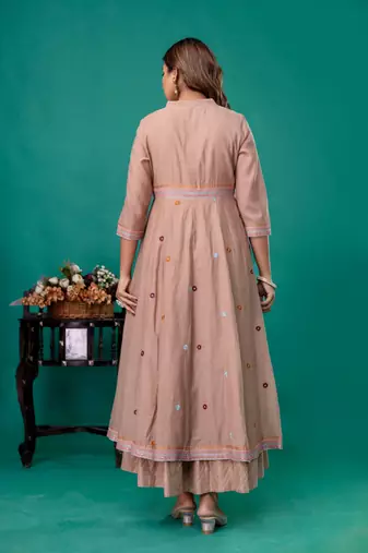 Beige embroidered mul chanderi dress set of 1