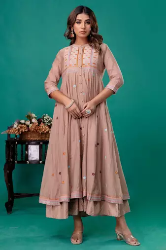 Beige embroidered mul chanderi dress set of 1