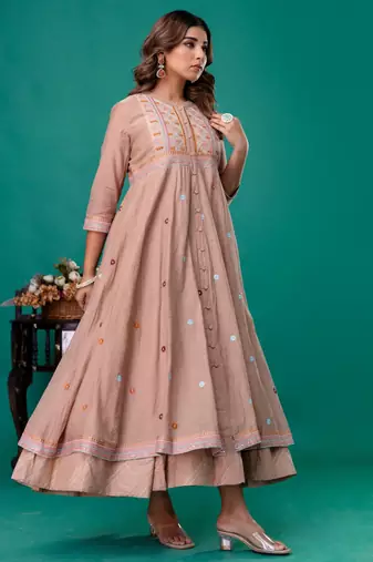 Beige embroidered mul chanderi dress set of 1