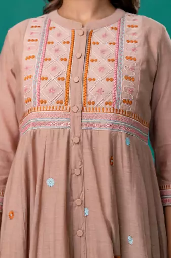 Beige embroidered mul chanderi dress set of 1