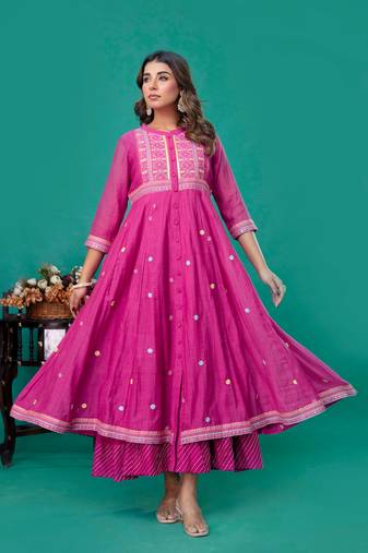 Fuschia embroidered mul chanderi dress set of 1