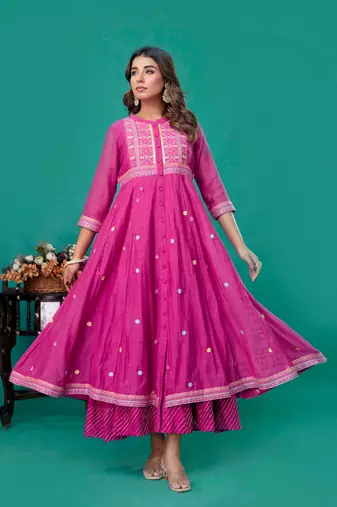 Fuschia embroidered mul chanderi dress set of 1