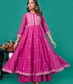 Fuschia embroidered mul chanderi dress set of 1