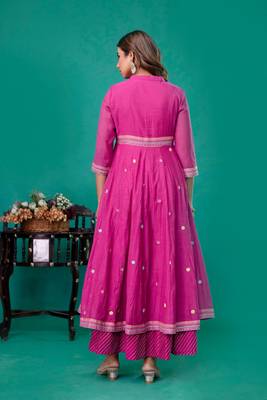 Fuschia embroidered mul chanderi dress set of 1 2