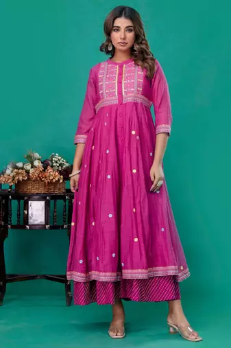 Fuschia embroidered mul chanderi dress set of 1