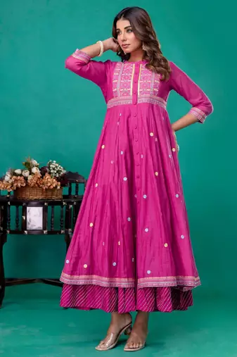 Fuschia embroidered mul chanderi dress set of 1