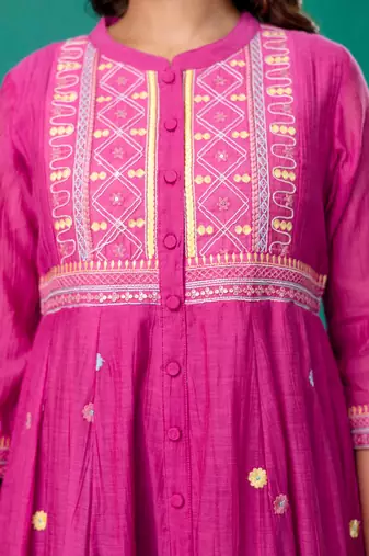 Fuschia embroidered mul chanderi dress set of 1