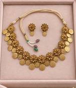 Antique gold-tone floral coin necklace set with matching earrings