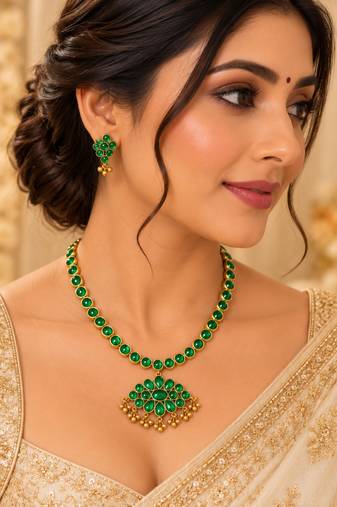 Ruby - green reversible necklace set with matching 2 pair of earrings