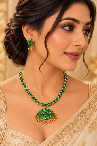 Ruby - green reversible necklace set with matching 2 pair of earrings