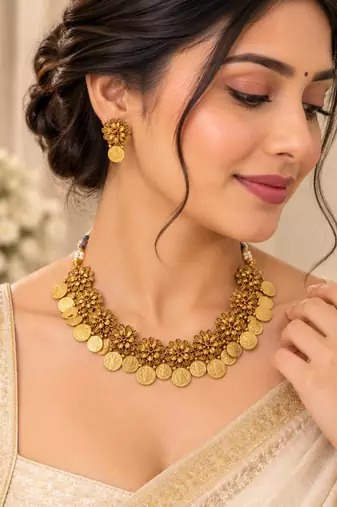 Antique gold-tone floral coin necklace set with matching earrings