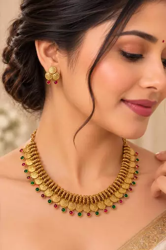 Antique gold-tone coin necklace set with pink and green accents