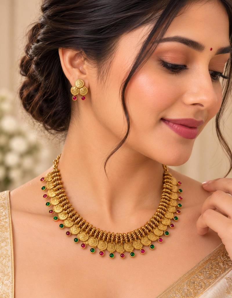 Antique gold-tone coin necklace set with pink and green accents