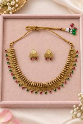 Antique gold-tone coin necklace set with pink and green accents 2