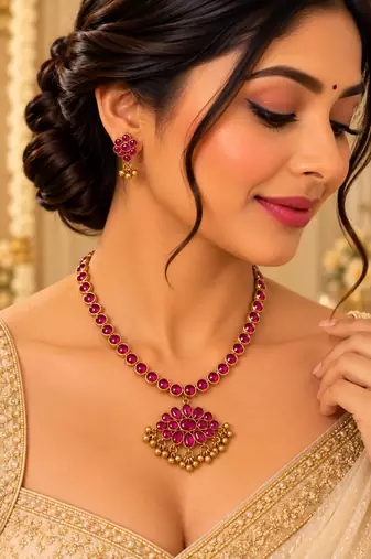 Ruby - green reversible necklace set with matching 2 pair of earrings