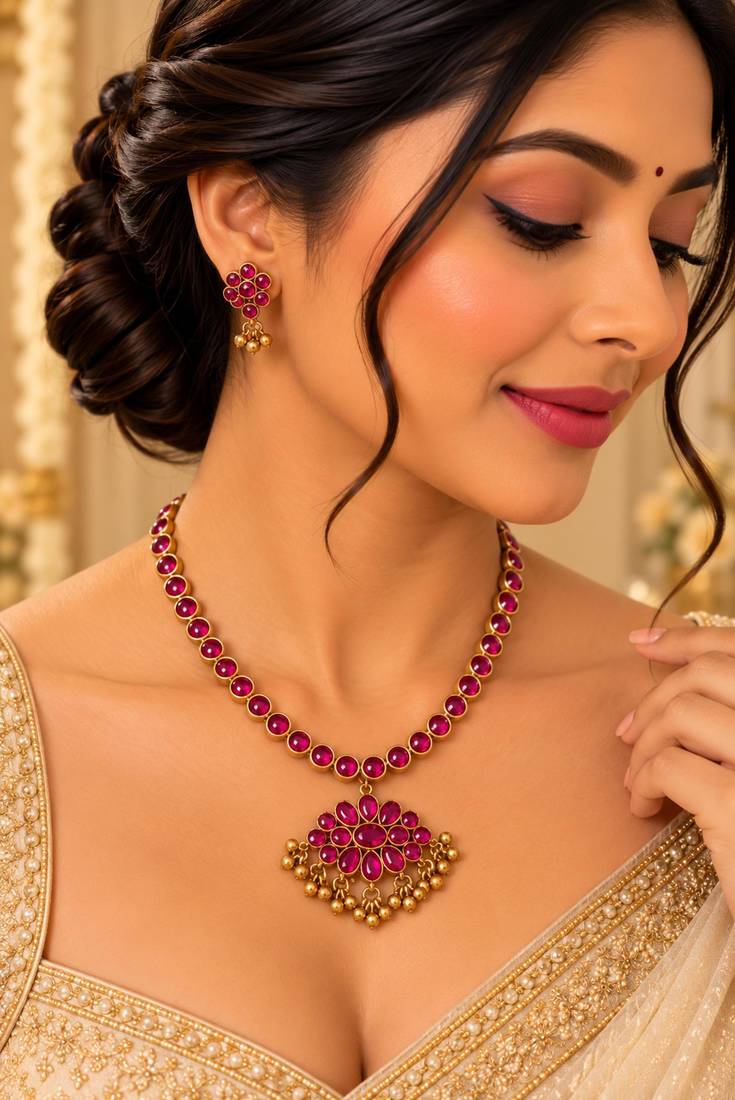 Ruby - green reversible necklace set with matching 2 pair of earrings