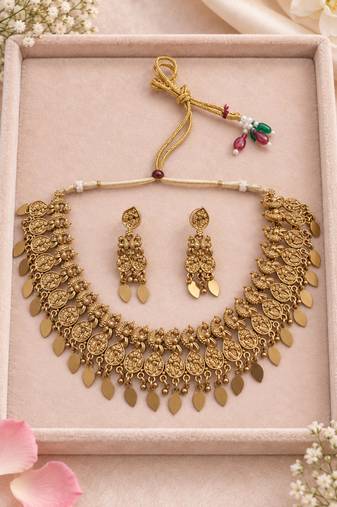 Antique gold-tone temple necklace set with paisley charms and earrings