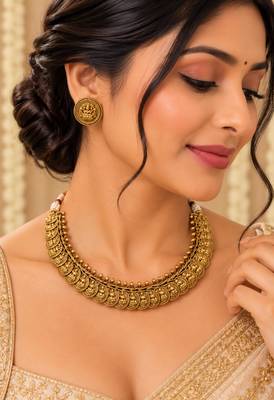 Antique gold-tone temple necklace set with lakshmi coin design earrings 1