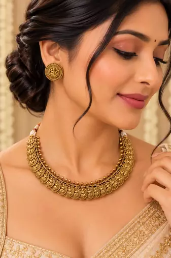 Antique gold-tone temple necklace set with lakshmi coin design earrings