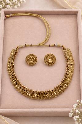 Antique gold-tone temple necklace set with lakshmi coin design earrings 2