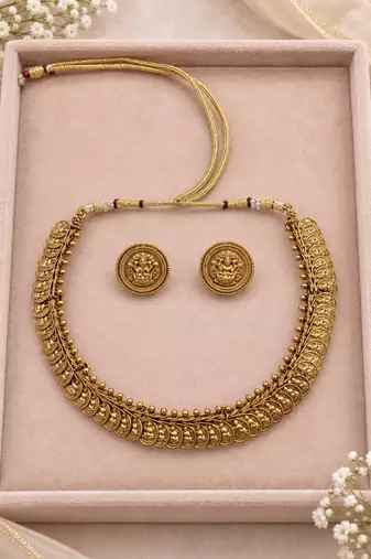 Antique gold-tone temple necklace set with lakshmi coin design earrings