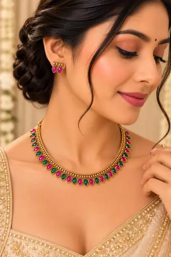 Gold-tone necklace set with alternating pink and green teardrop stones