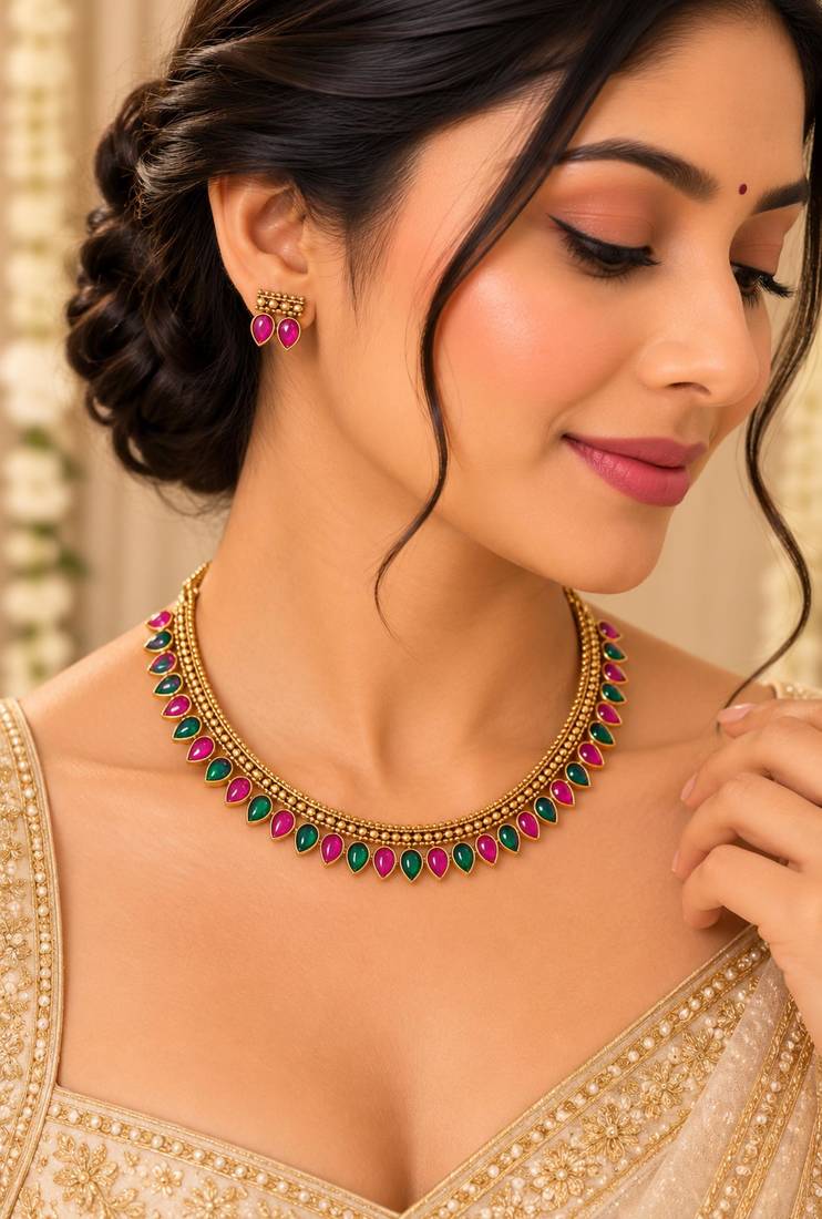 Gold-tone necklace set with alternating pink and green teardrop stones