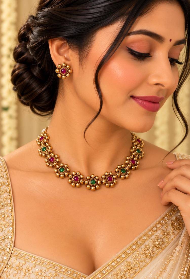 Antique gold-tone floral bead necklace set with red and green accents
