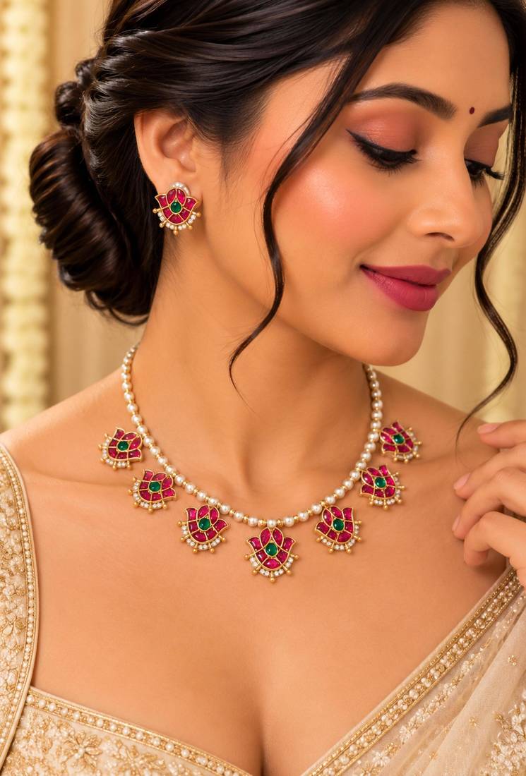 Gold-tone pearl necklace set with pink and green floral motifs