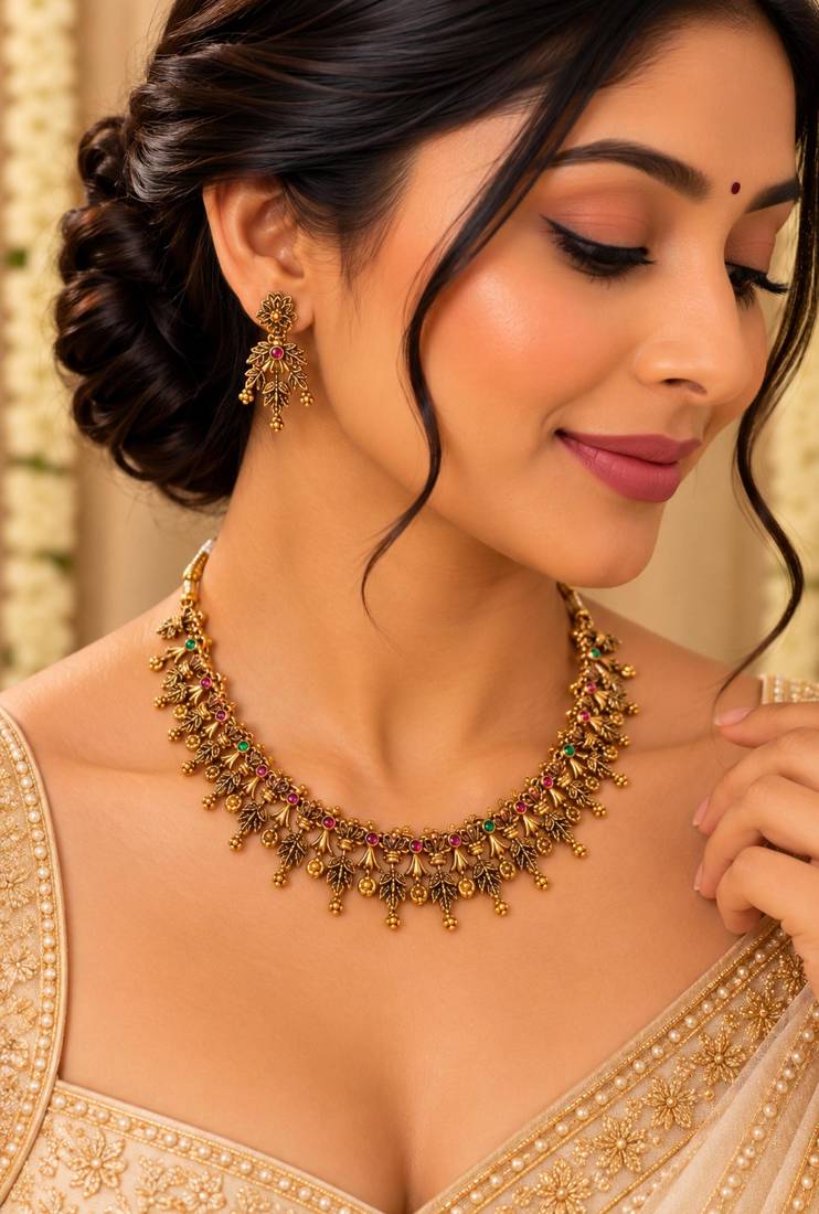 Antique gold-tone floral leaf necklace set with dangling charms