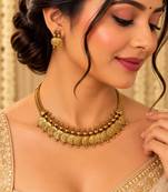 Antique gold-tone coin necklace set with matching coin drop earrings